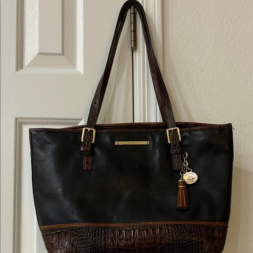 Brahmin Asher Tri-Texture Tote in Black Smooth Leather and Brown Melbourne